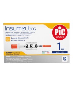 SIRINGA PER INSULINA PIC INSUMED 0,5 ML 100 UI AGO GAUGE 30LUNGHEZZA 8 MM SENZA SPAZIO MORTO 3 SACCHETTI DA 10 PEZZI