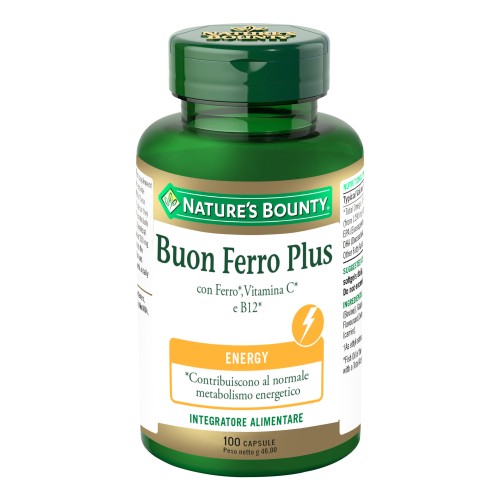 Buon Ferro Plus - Integratore alimentare a base di ferro, acido folico, vitamina C e vitamina B 12 - Formato 100 capsule